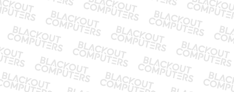 Repeating Blackout Computers wordmark pattern on a dark striped brand banner