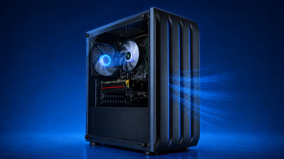 Eclipse V1 black gaming PC with airflow streaming through its ribbed front intake panel