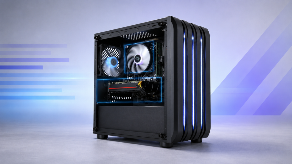Eclipse V1 black gaming PC with its side panel open showing the cooling fans and internal hardware