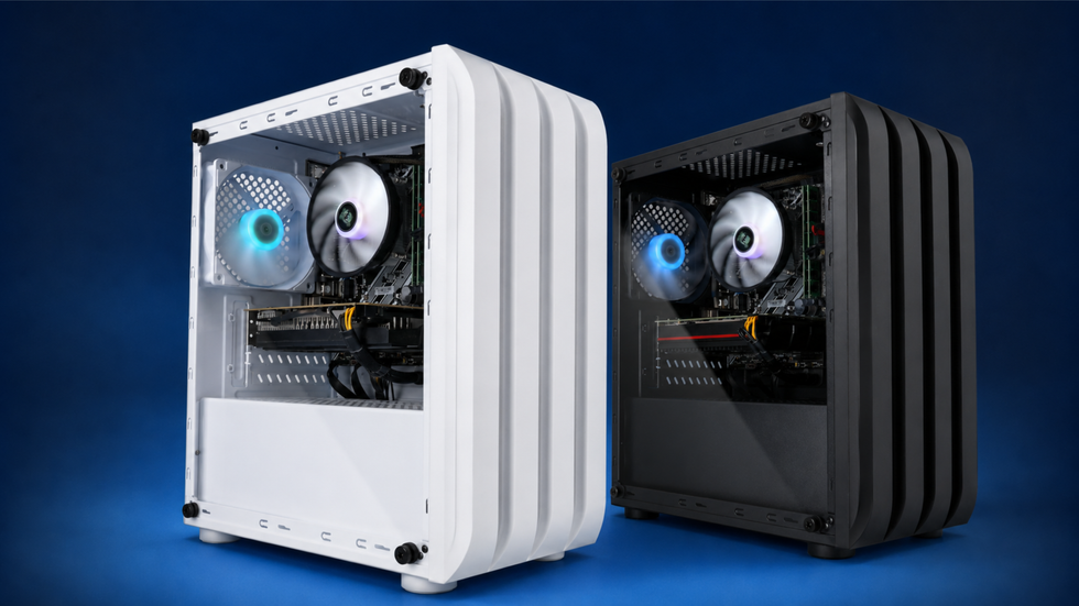 Eclipse V1 gaming PC available in white and black finishes with a single glowing intake fan