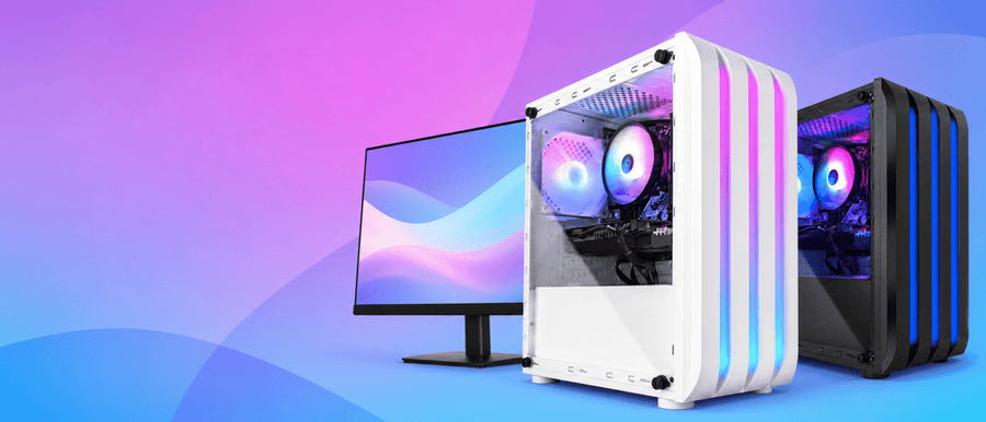 Eclipse V1 gaming PC shown in white and black with a monitor on a purple gradient background