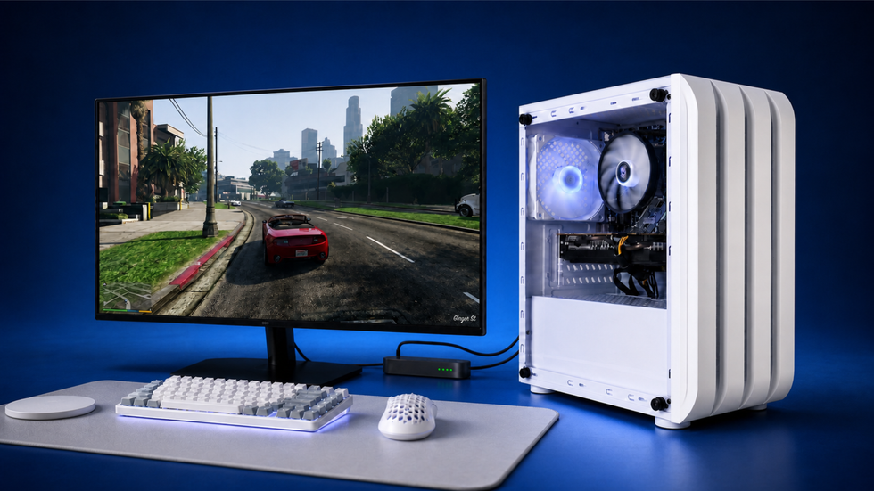 Eclipse V1 white gaming PC next to a monitor running a racing game on a desk