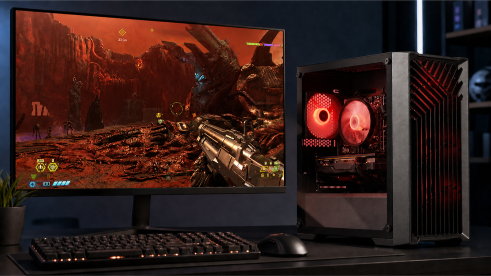 Eclipse V2 black gaming PC on a desk beside a monitor showing gameplay with keyboard and mouse