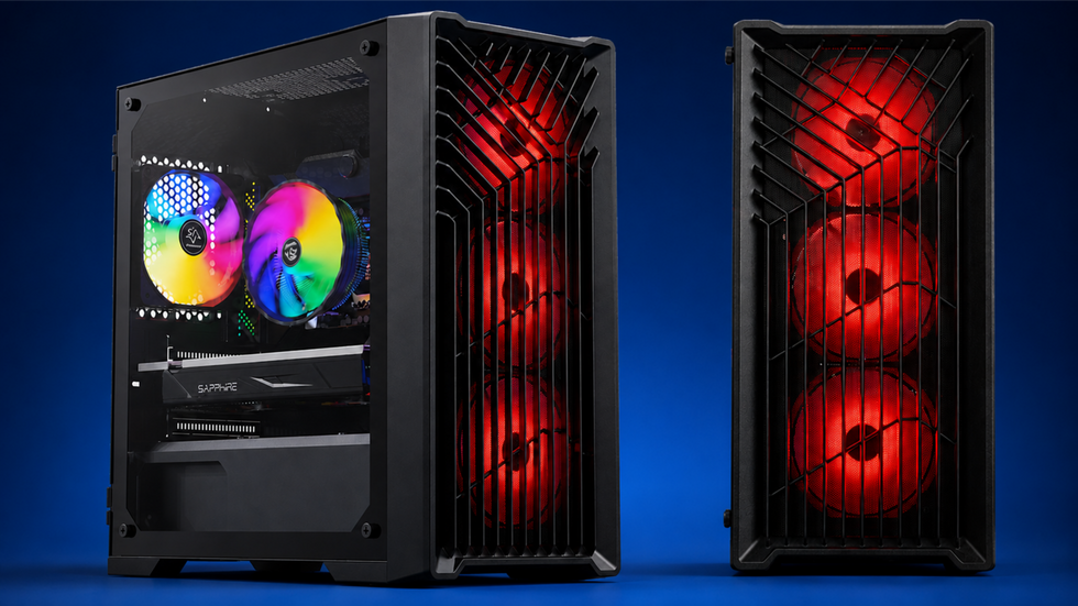 Eclipse V2 gaming PC with red RGB fans shown from the front and side