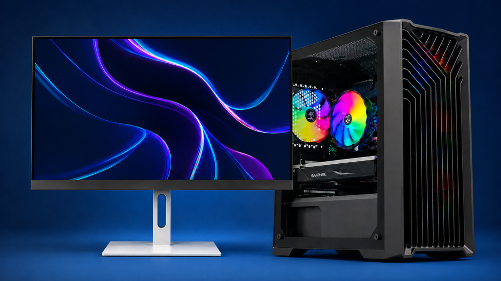 Eclipse V2 black gaming PC beside a widescreen monitor in a clean desk setup
