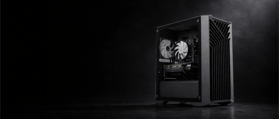 Eclipse V2 matte black gaming PC shown at an angle in dramatic low lighting against a dark background