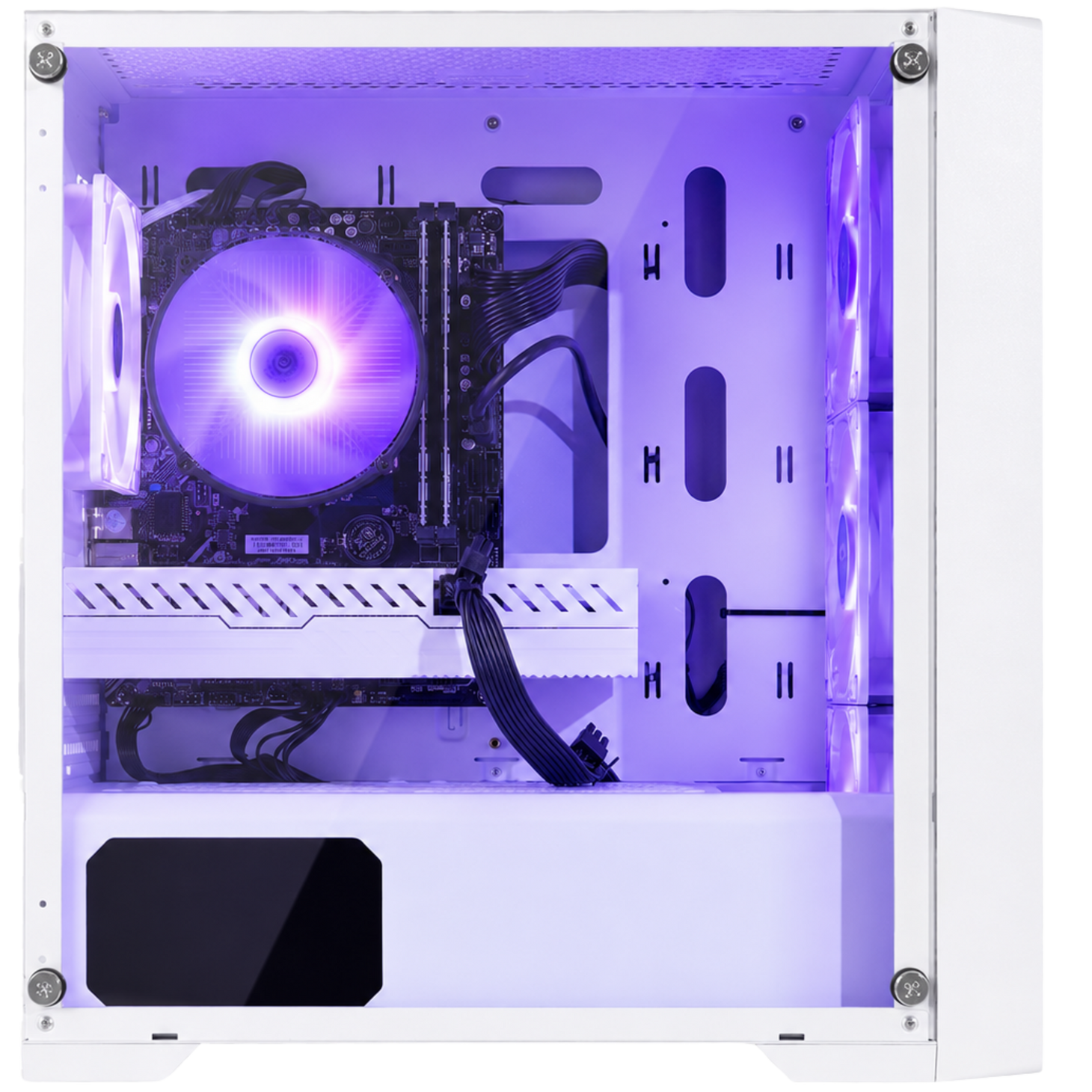 Interior of the Eclipse V2 white gaming PC showing clean cable management and purple-lit cooling fans