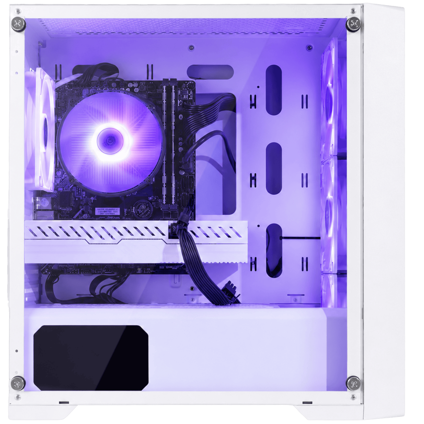 Interior of the Eclipse V2 white gaming PC showing clean cable management and purple-lit cooling fans