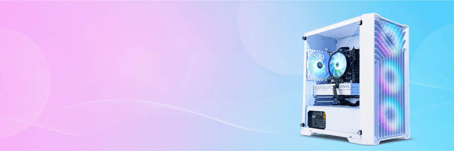 Eclipse V2 white RGB gaming PC on a pastel gradient background, ready to play out of the box