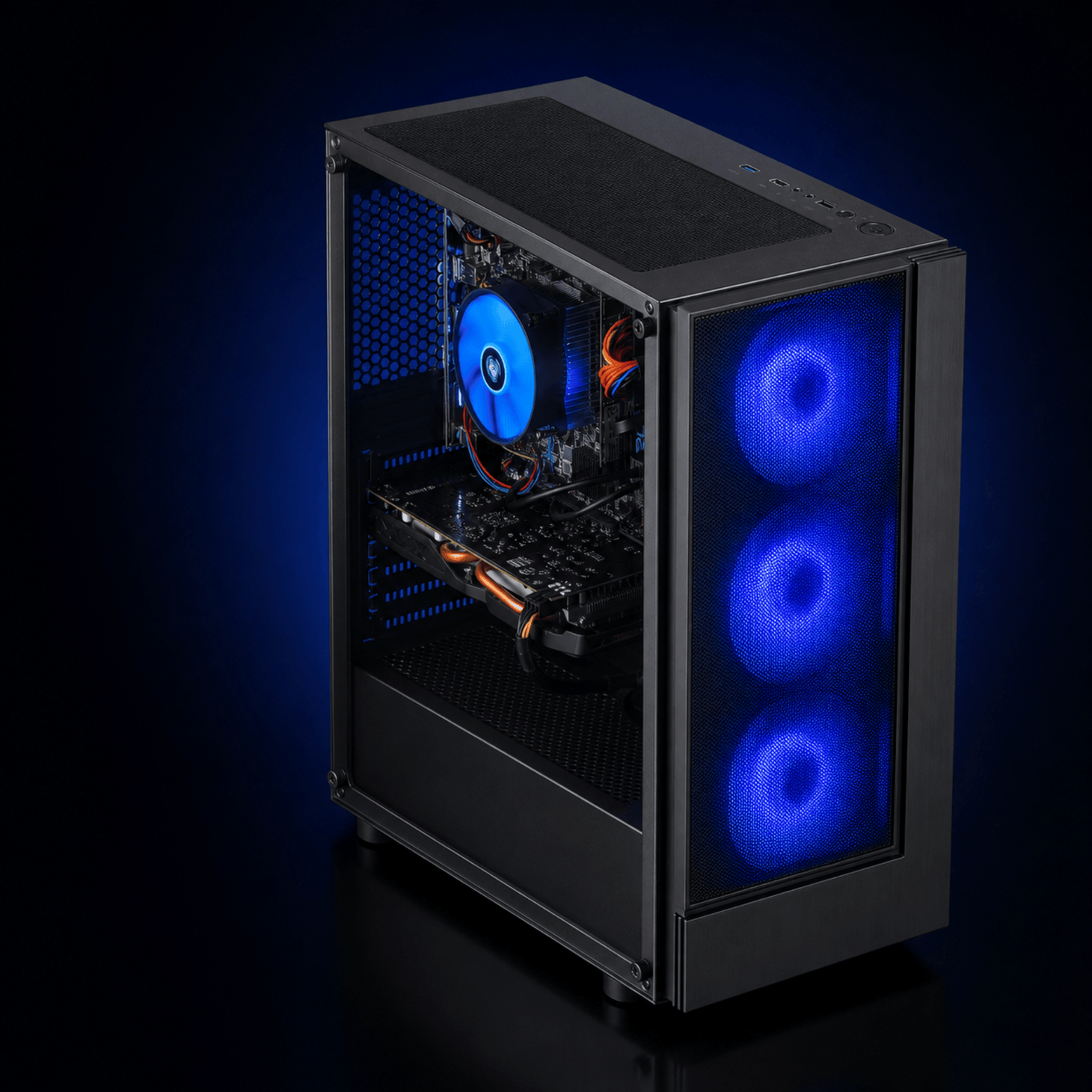 Blackout Fusion black gaming PC with blue RGB fans and a tempered-glass side panel on a dark blue background