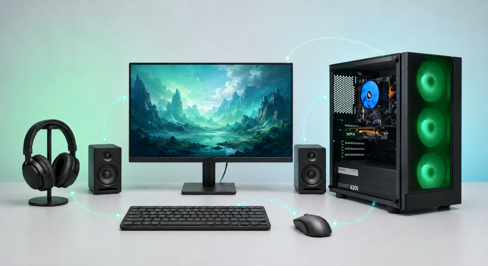 Blackout Fusion green RGB gaming PC on a desk with monitor, speakers, headphones, keyboard, and mouse