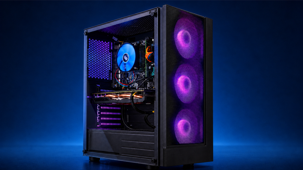 Fusion black gaming PC with three purple front RGB fans and a lit interior