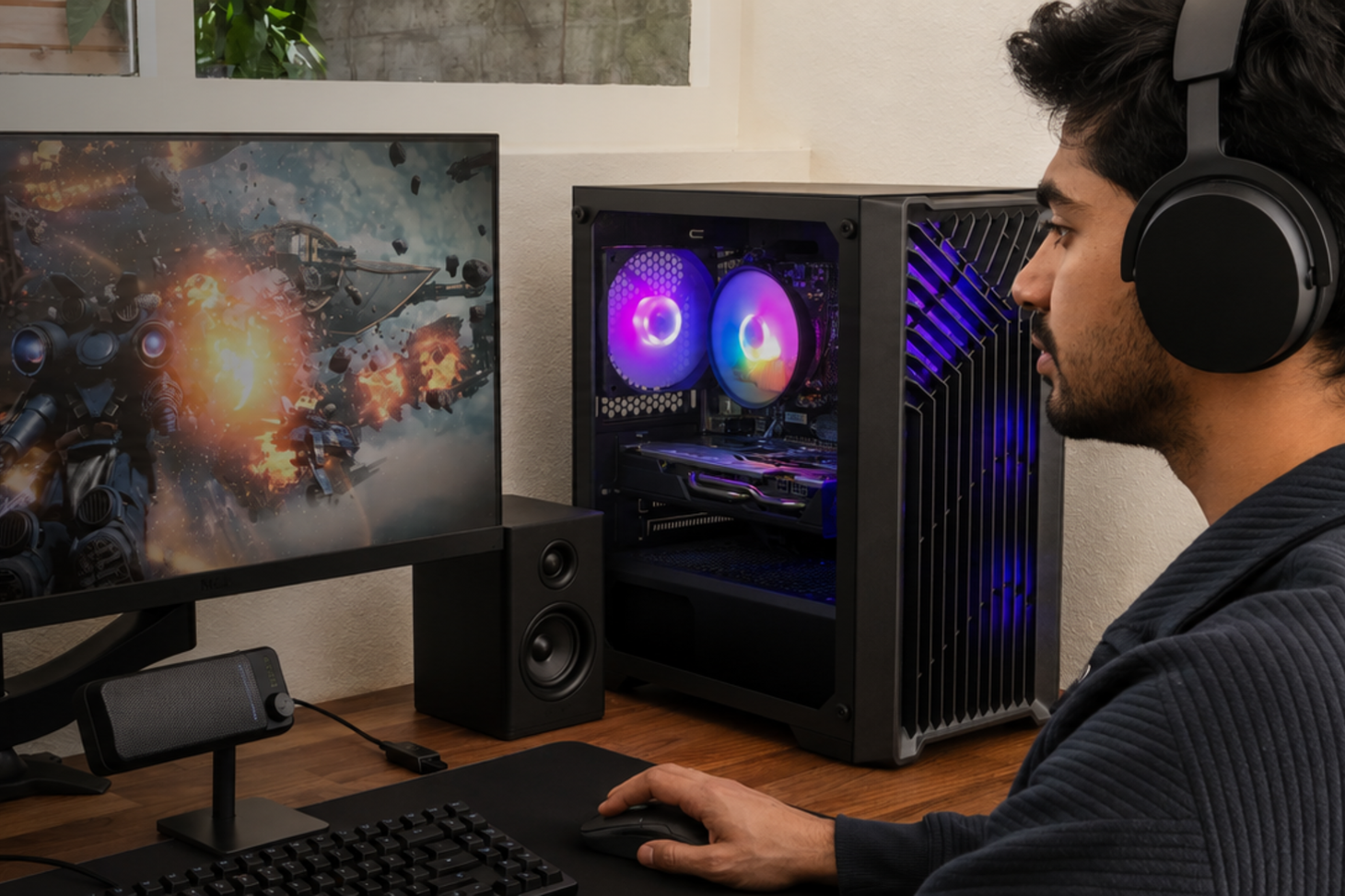 Man wearing headphones gaming at a desk with a black RGB gaming PC and monitor