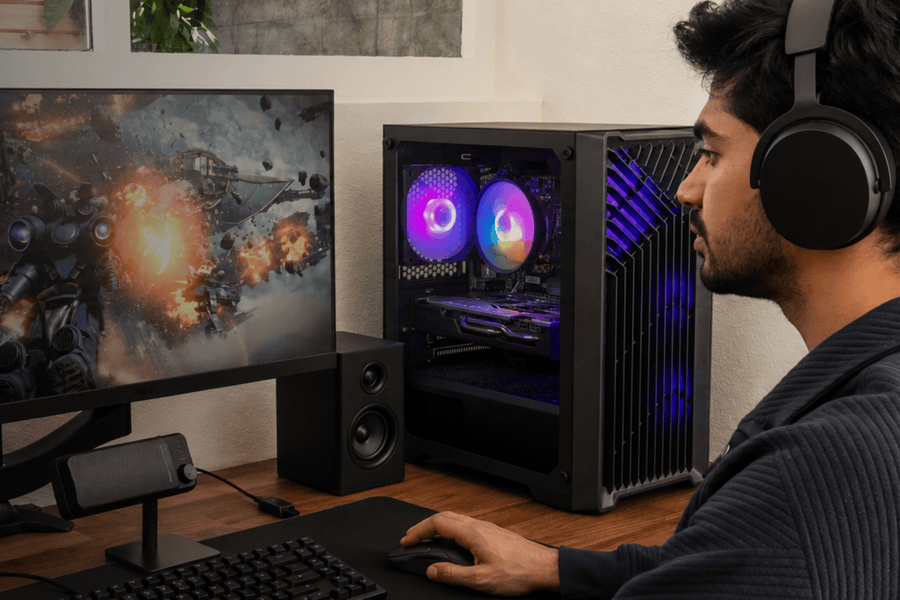 Man wearing headphones gaming at a desk with a black RGB gaming PC and monitor