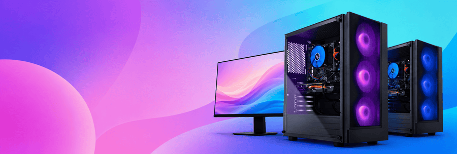 Two black RGB gaming PC towers beside a monitor on a purple and blue gradient background