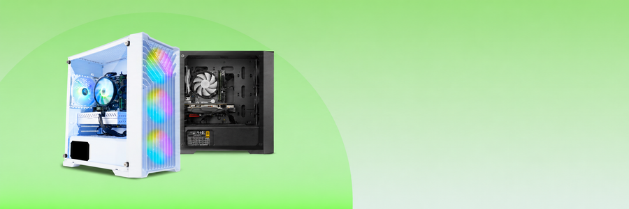 White and black gaming PCs — free same-day shipping