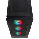 Top-down view of a gaming PC tower with multi-colored RGB fans visible through front panel.