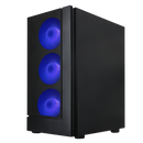 Black gaming desktop tower with blue RGB fans on front panel.