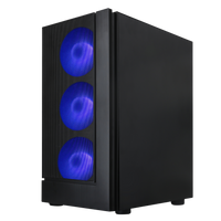 Black gaming desktop tower with blue RGB fans on front panel.