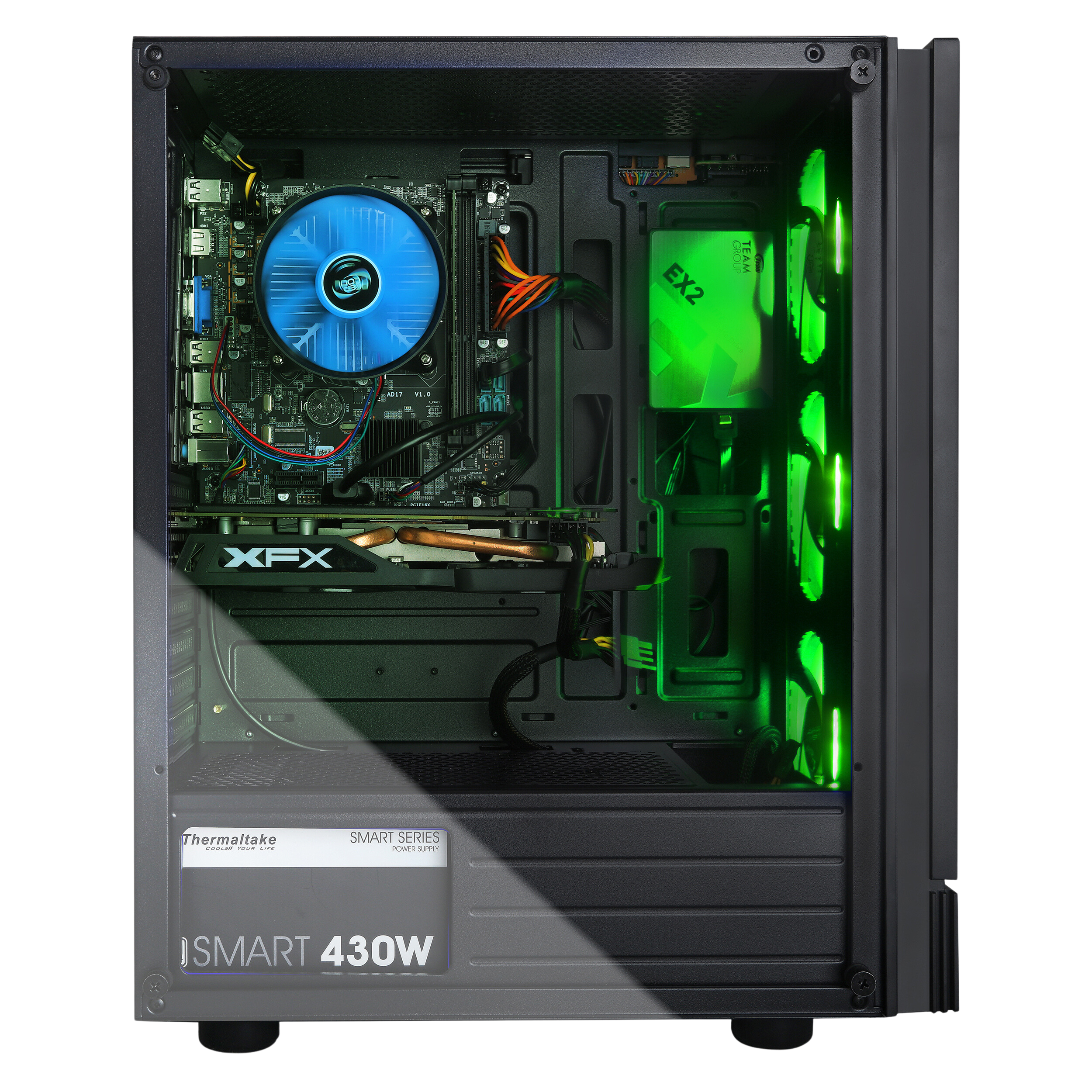 Internal view of a gaming PC with green LED lighting and cooling fan.