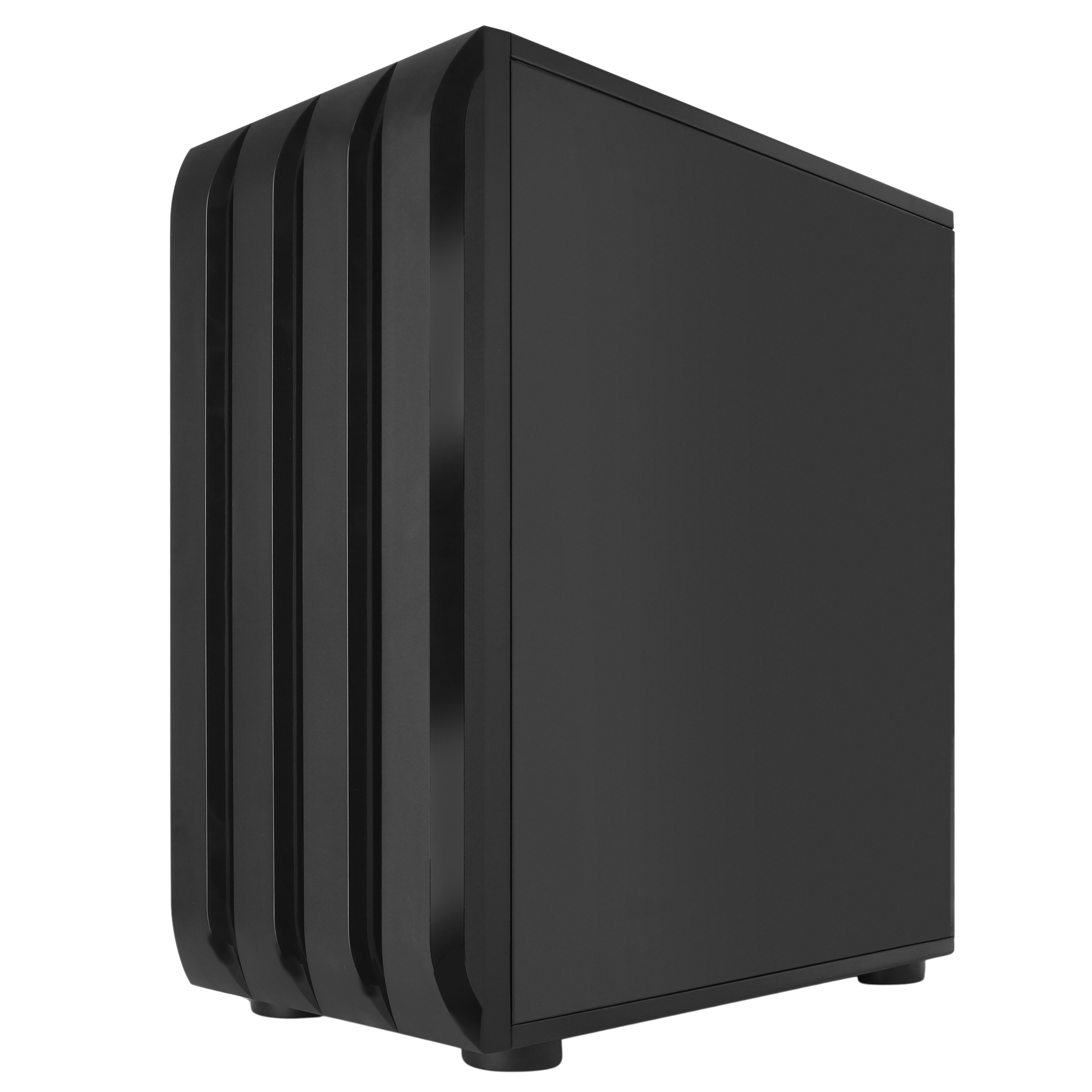 Closed side view of a sleek black gaming PC case