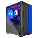 Black gaming PC case with RGB fans and blue LED lights