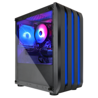 Black gaming PC case with RGB fans and blue LED lights