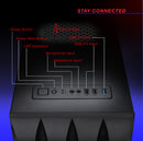 Front panel ports of a black gaming PC case showing USB, audio inputs, and power buttons