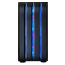 Front view of a black gaming PC case with blue RGB fans