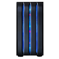 Front view of a black gaming PC case with blue RGB fans