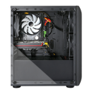 Inside view of a black gaming PC case with cooling fan and components