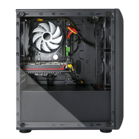 Inside view of a black gaming PC case with cooling fan and components