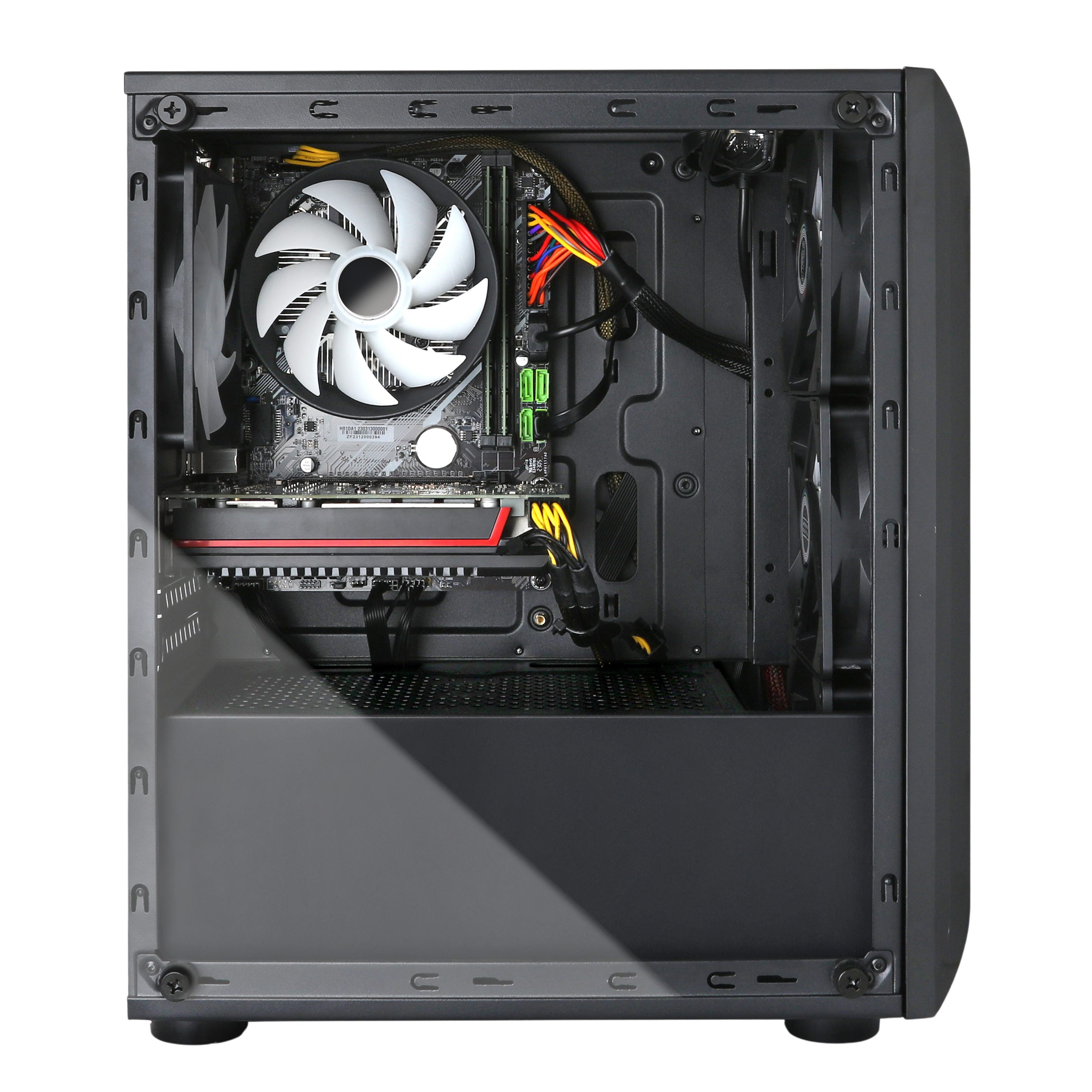 Inside view of a black gaming PC case with cooling fan and components