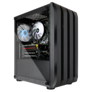 Open side view of a black gaming PC case with cooling fans and components