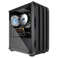 Open side view of a black gaming PC case with cooling fans and components