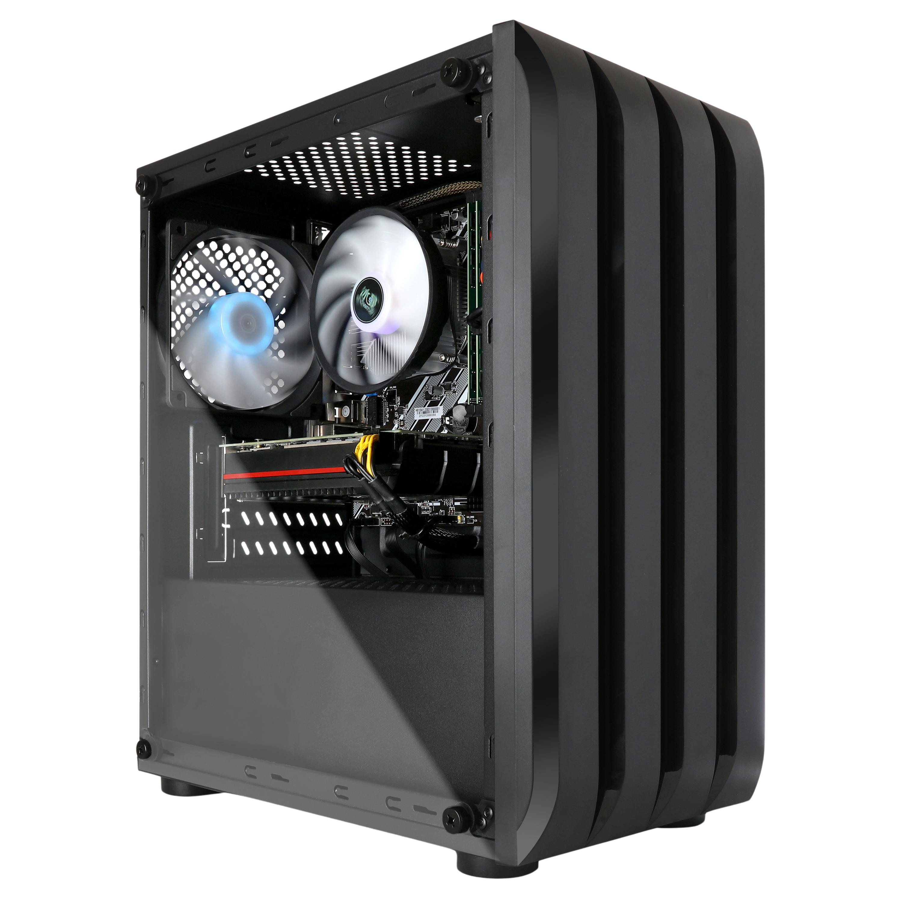 Open side view of a black gaming PC case with cooling fans and components