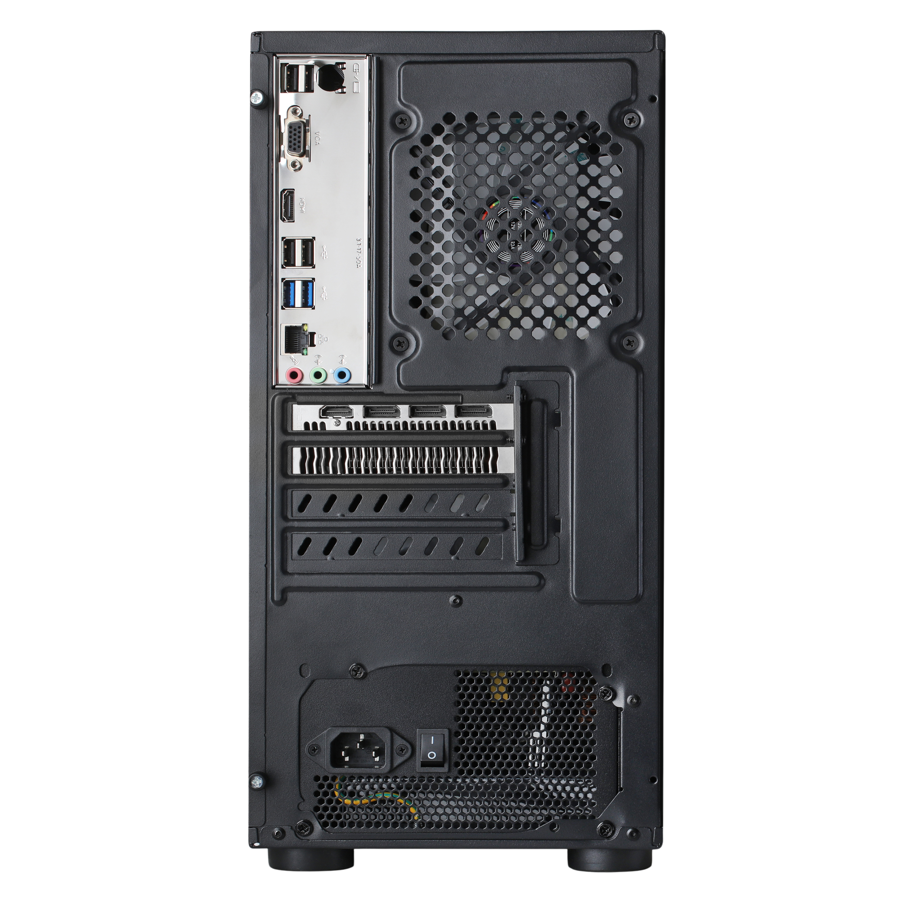 Rear panel ports of a black gaming PC case showing various connectivity options