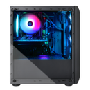 Side view of a black gaming PC case with RGB cooling fan and components