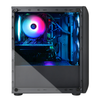 Side view of a black gaming PC case with RGB cooling fan and components