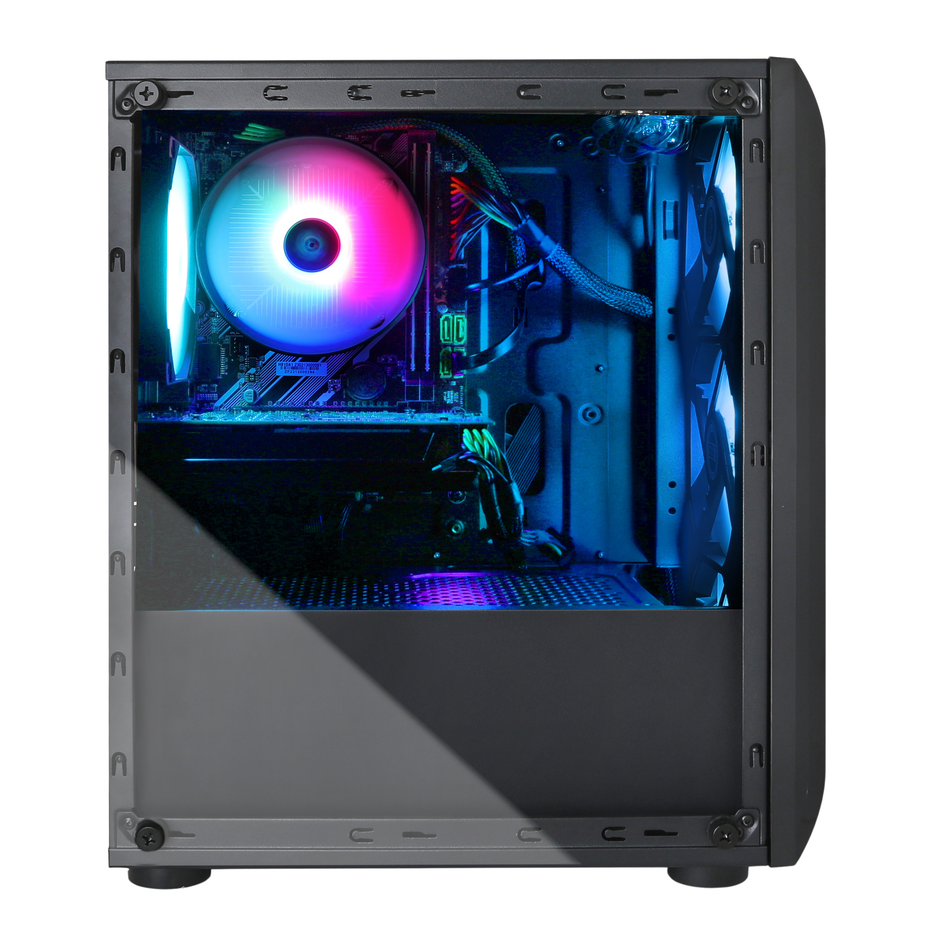 Side view of a black gaming PC case with RGB cooling fan and components