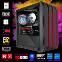 Black gaming PC with RGB lights and detailed specs including Intel i7 processor, 16GB memory, and Radeon RX 580