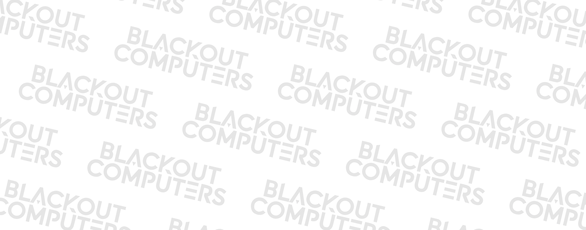 Repeating Blackout Computers wordmark pattern on a dark striped brand banner