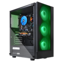 Transparent gaming PC case with green RGB fans and visible internal components.
