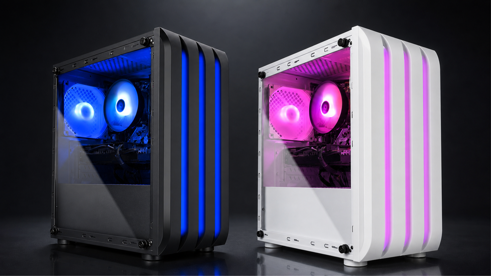Eclipse V1 gaming PC in matte black with blue lighting beside glossy white with pink lighting, showing both color options