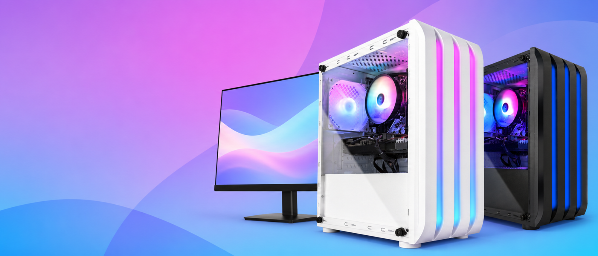 Eclipse V1 gaming PC shown in white and black with a monitor on a purple gradient background