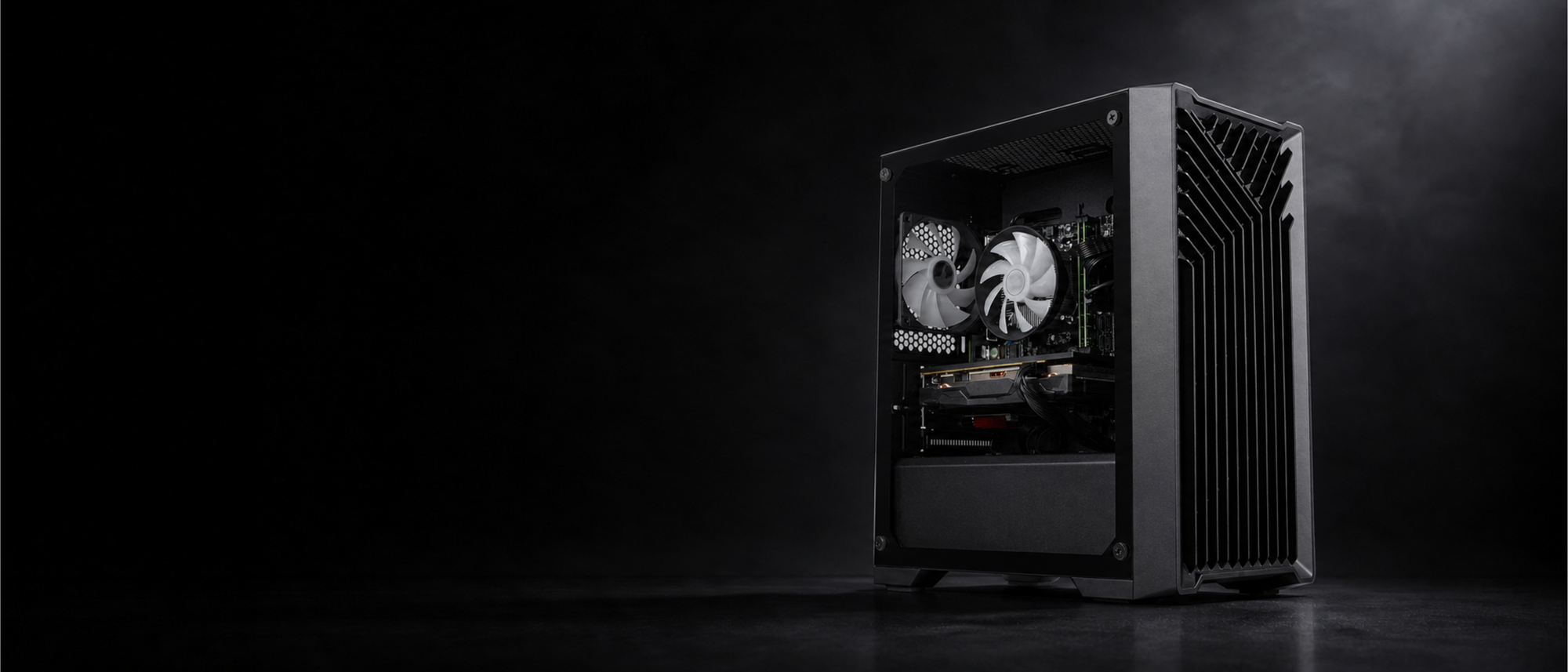 Eclipse V2 matte black gaming PC shown at an angle in dramatic low lighting against a dark background