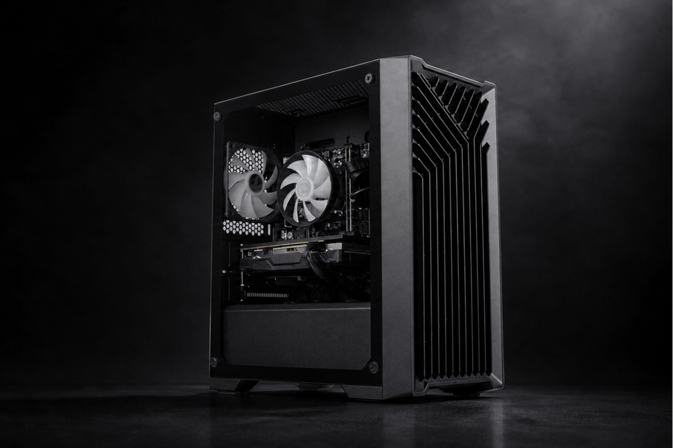 Eclipse V2 matte black gaming PC shown at an angle in dramatic low lighting against a dark background