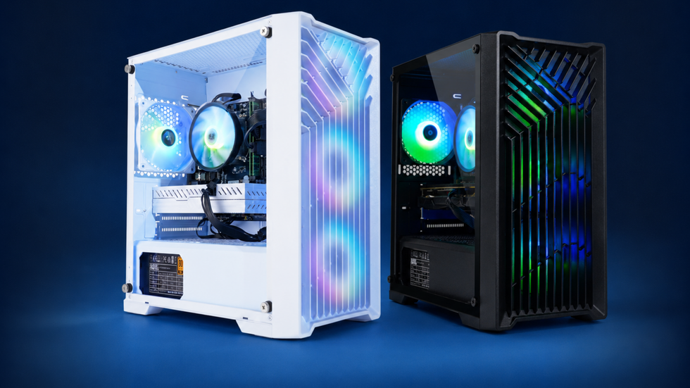 Eclipse V2 gaming PC shown in both white and black finishes with RGB fans behind tempered glass