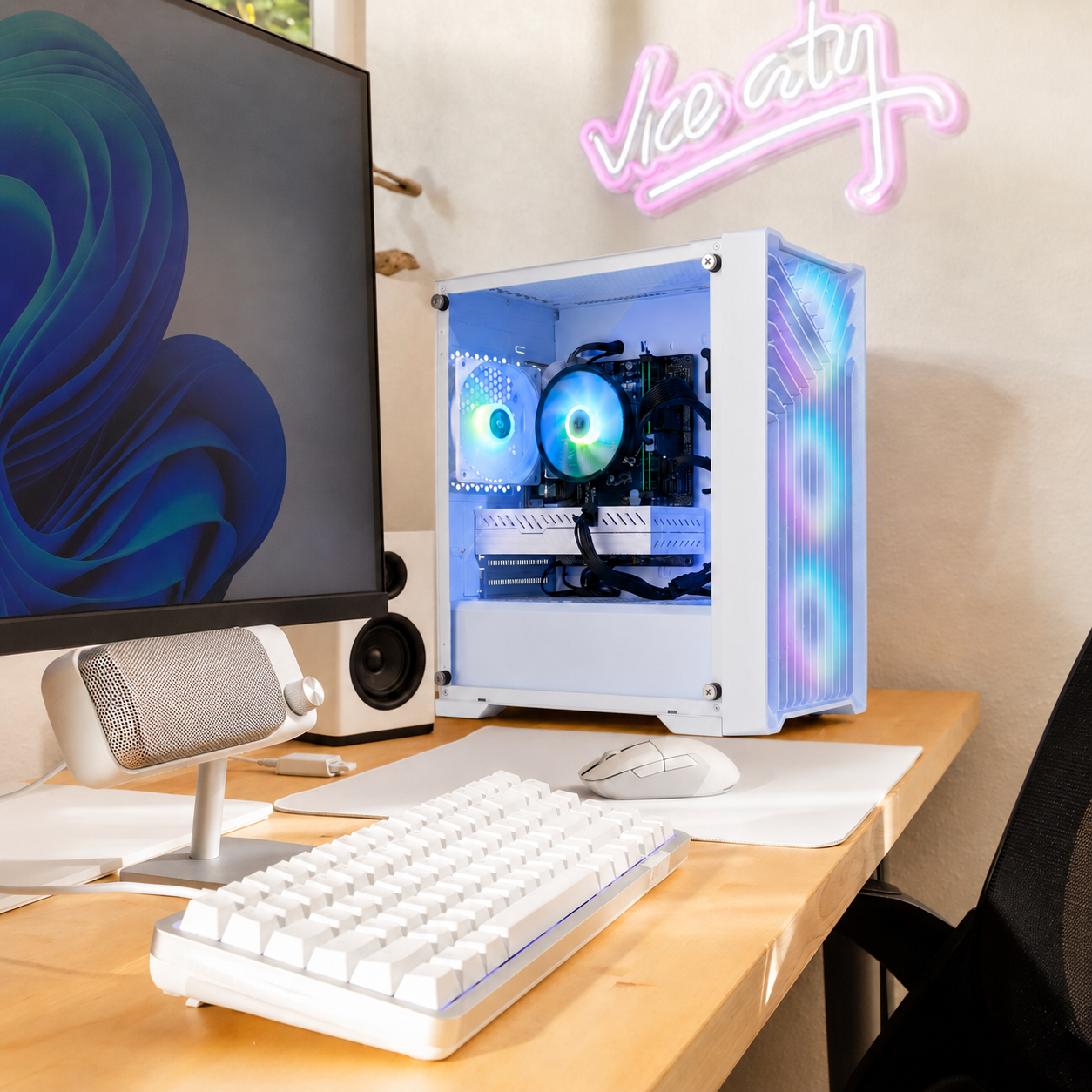 Eclipse V2 white gaming PC on a wood desk setup