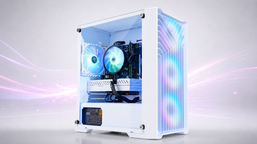 Eclipse V2 white gaming PC with blue and RGB lighting shown from a front angle
